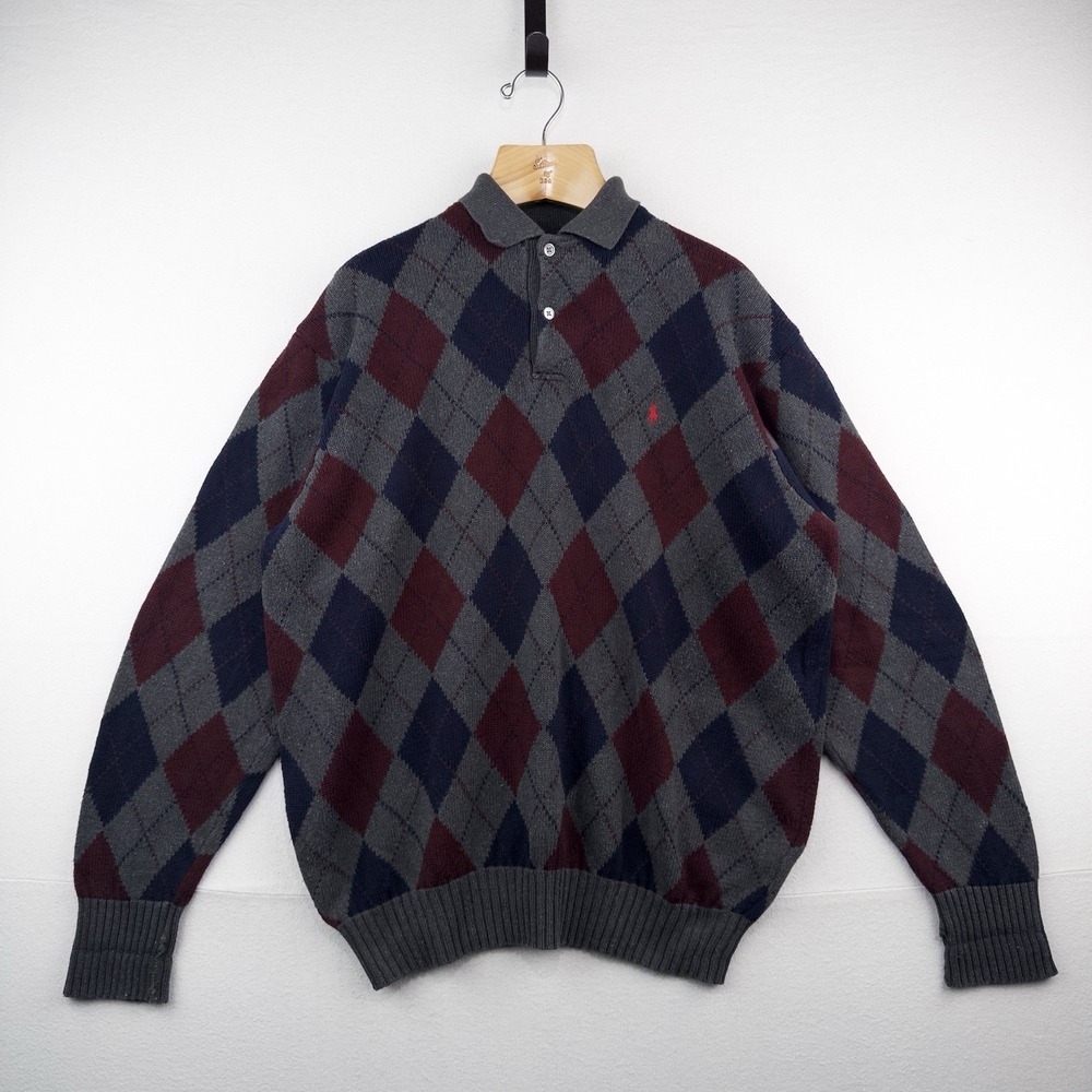 90's Vtg Polo Ralph Lauren Mens L Argyle 100% Cotton  Collared Sweater Blue Gray